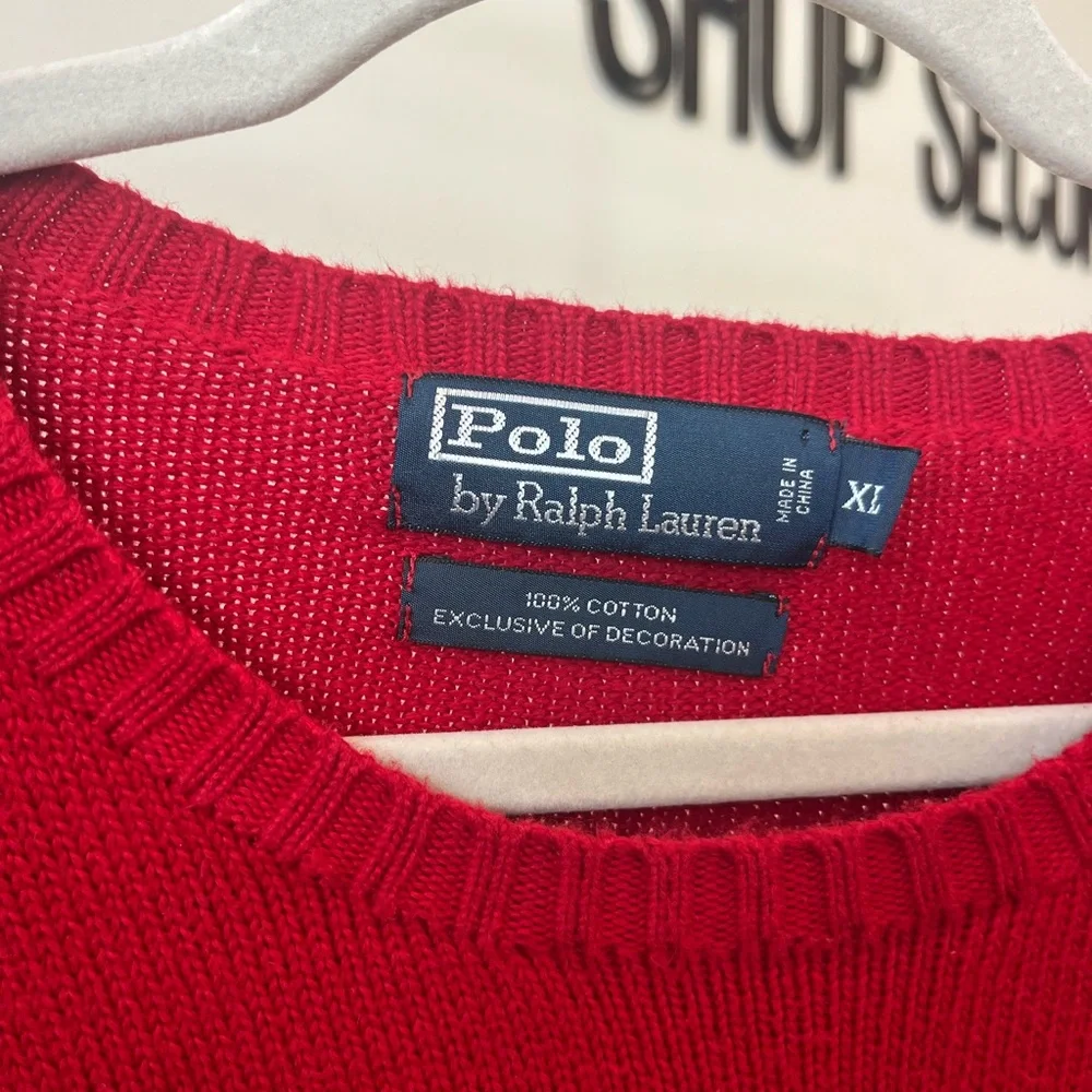 Authentic 100% Cotton Ralph Lauren Red Crewneck Sweater with Navy Pony